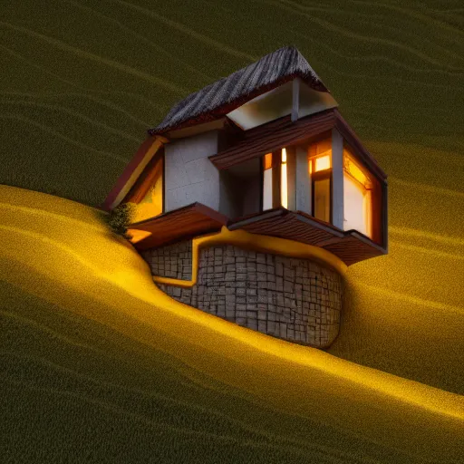 Image similar to small hillside house made of honey, modern lighting, hyper - realistic, hyper - detailed, 8 k, octane rendered, art nouveau, organic, flowing, impossible torsion, writhing, lush, dynamic