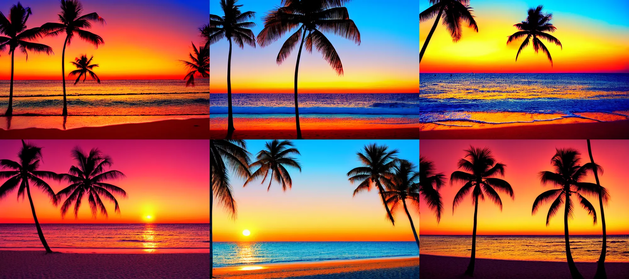 Image similar to Beach with ocean and palm trees at sunset, golden hour, crimson gradient