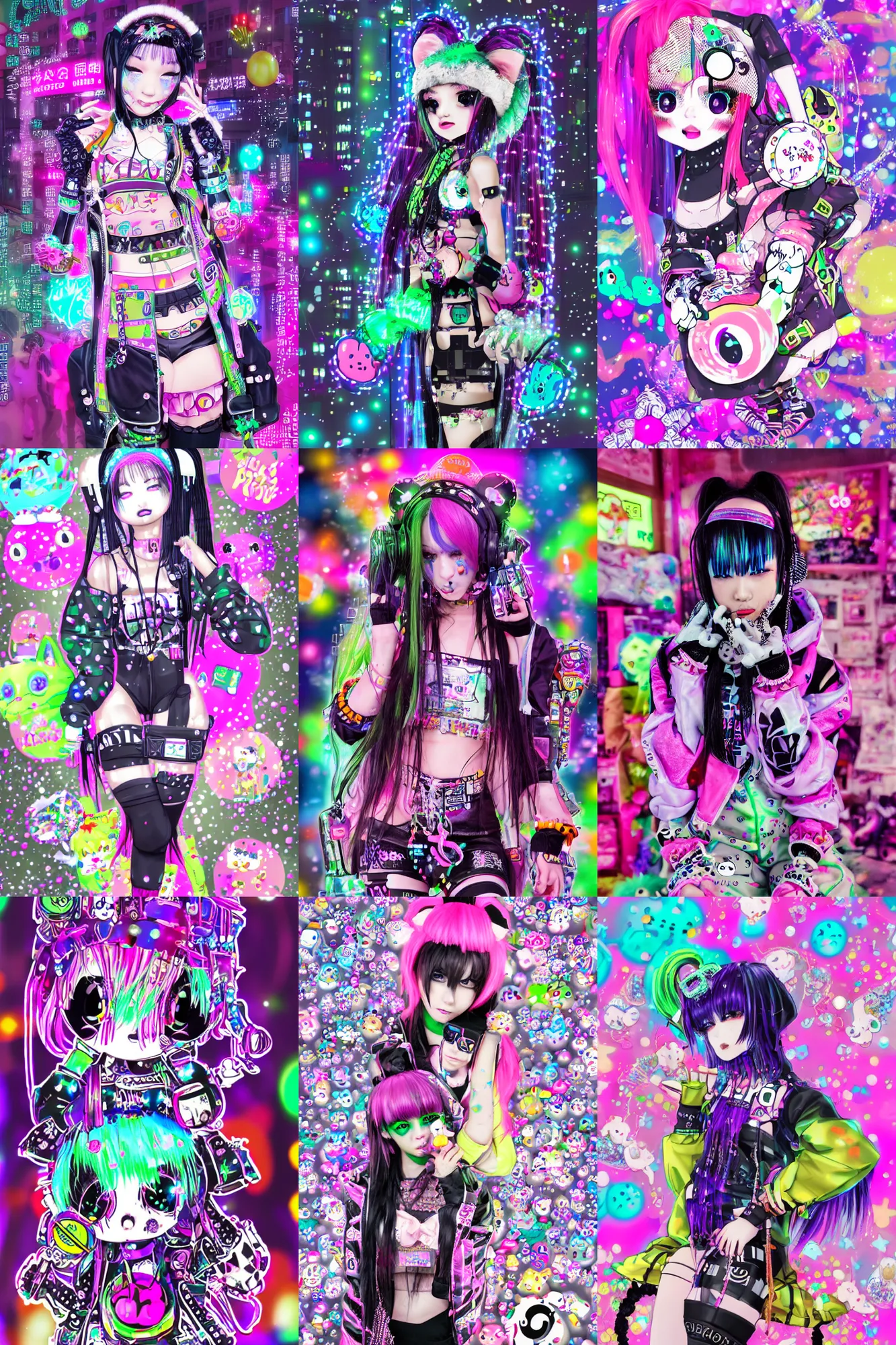 Prompt: cybergoth decora glitchcore Jaydon Tatum, sanrio ornaments, pastel cute cinematography | neo hong kong, rainy atmosphere, night time, bright lights, colorful signs, busy streets, high res, kowloon | old ancient chinese website full of spam. internet explorer window is glitching out. mum wtf