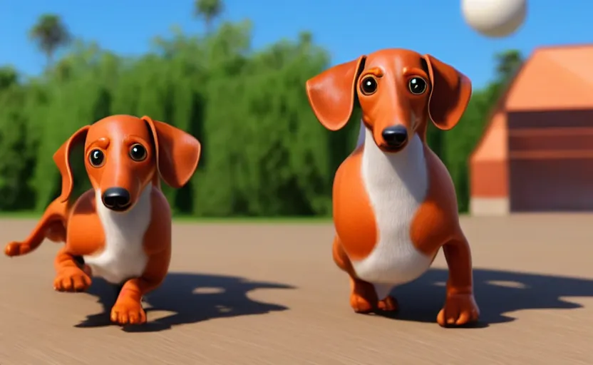 Image similar to happy dachshund catching a ball, detailed fur, soft, suit, suitcase, business outfit, cgi, 3 d animation, pixar