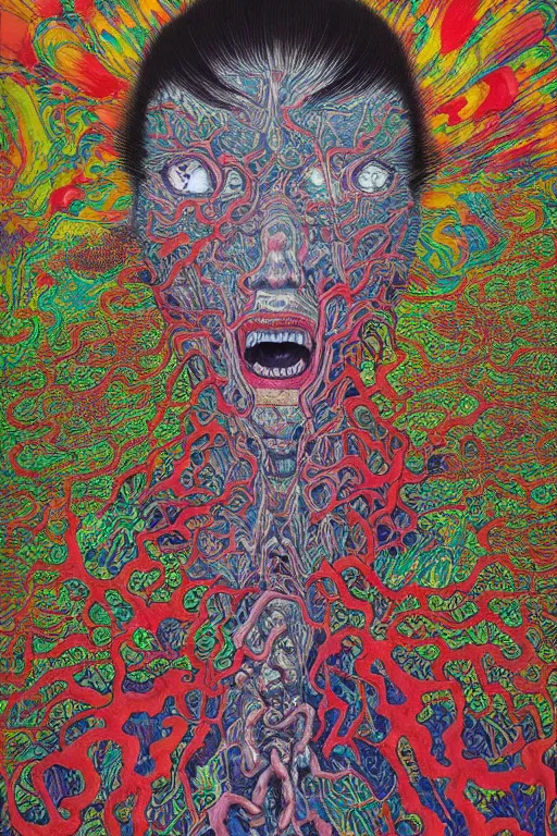 Image similar to body breaking apart, life like conjuring psychedelic illustration by shintaro kago, ultra realistic, highly detailed, hypermaximalist, symmetrical, rich deep colors. beksinski painting, part by adrian ghenie and gerhard richter. art by takato yamamoto. masterpiece