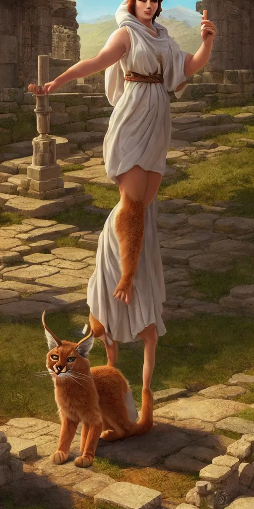 Image similar to fluffy caracals dressed in toga,, ancient greek city, sunny day, by ilya kuvshinov, rtx rendering, octane render 1 2 8 k, maya, extreme high intricate details by tom bagshaw, medium shot, composition by sana takeda, lighting by greg rutkowski