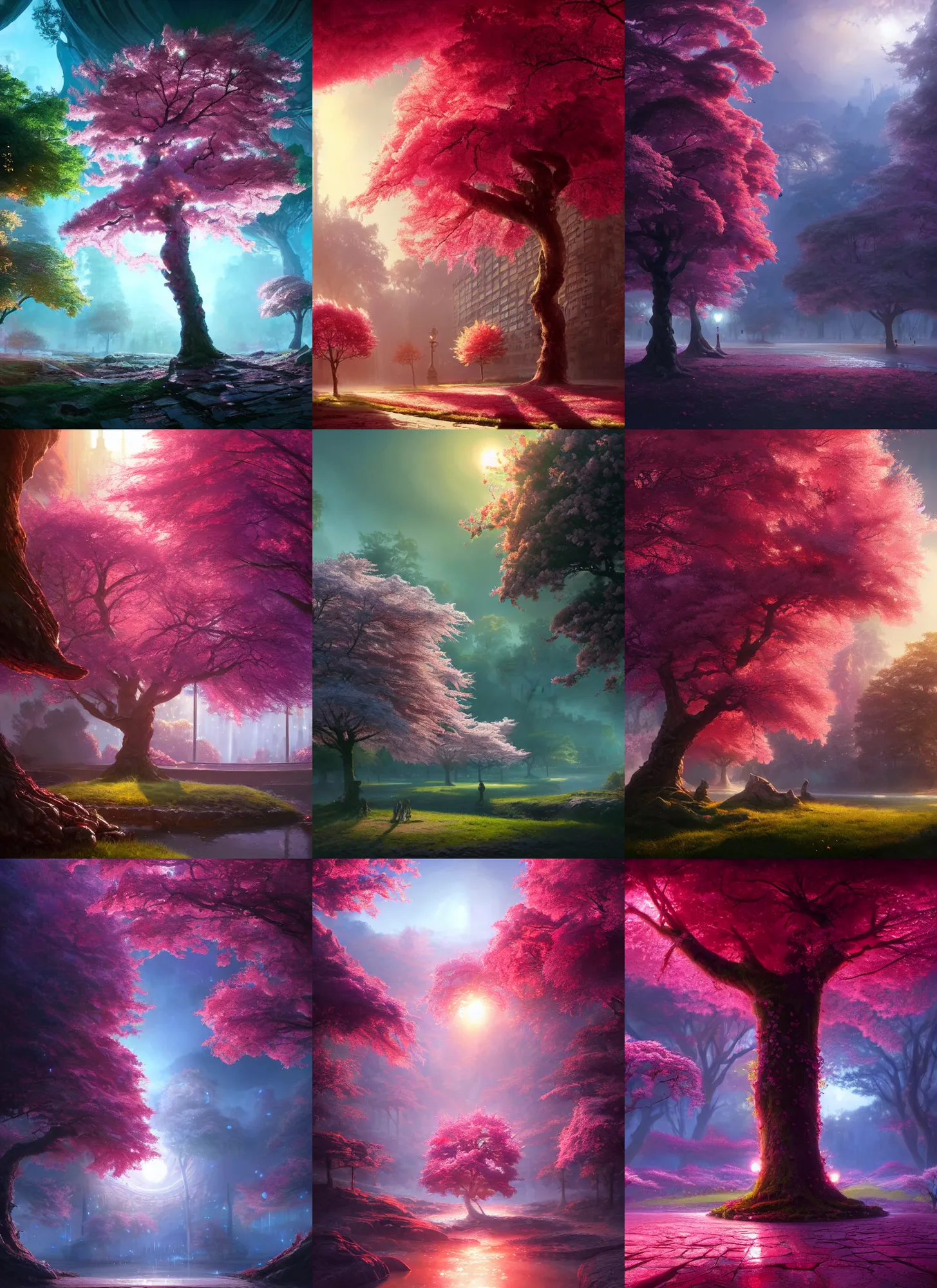 Prompt: a beautiful hyper realistic detailed matte painting of giant cherry tree, dramatic lighting, dynamic lighting, cinematic lighting, lit by morning light, by finnian macmanus and jessica rossier, unreal engine, featured on artstation, ultrawide angle, f 8