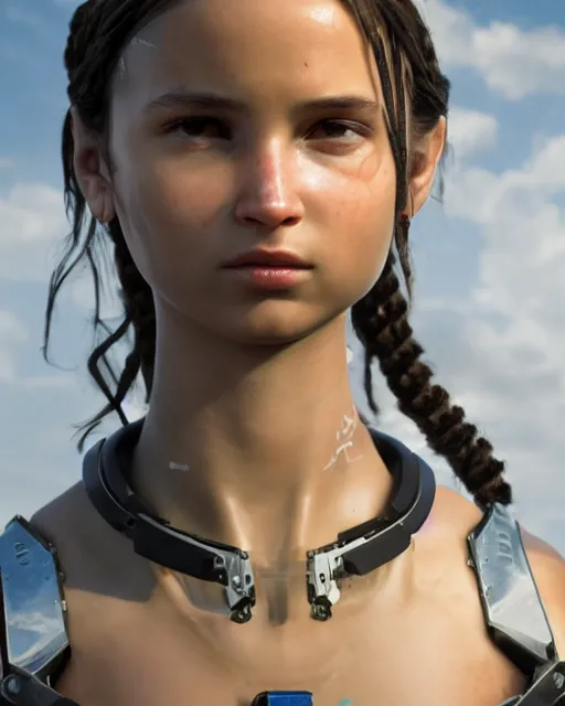 Image similar to centered portrait of soulful young lara croft as a solarpunk mecha humanoid robotic parts wearing with bright led lights, real human face, pudica gesture bouguereau style, in white room, ultra - realistic and intricate, soft portrait shot 8 k