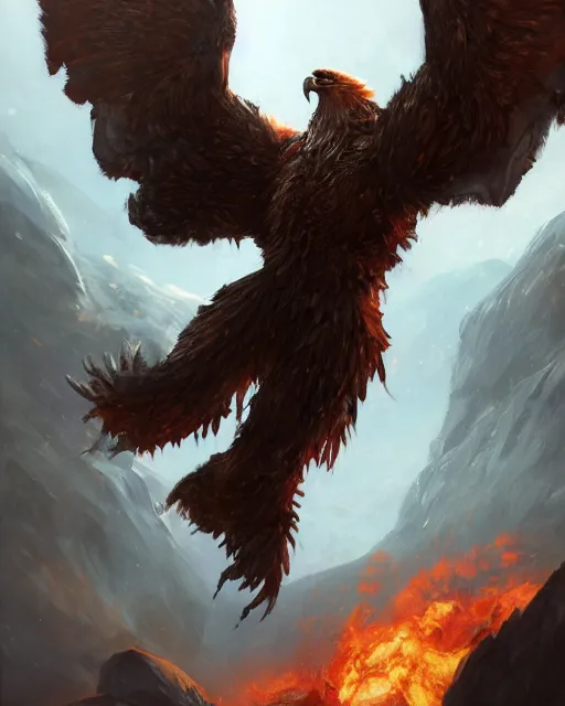 Image similar to oil painting of Angry Anthropomorphized Eagle Berserker, wearing fur armor, claws, sharp focus, attack pose, fantasy style, octane render, volumetric lighting, 8k high definition, by greg rutkowski, highly detailed, trending on art Station, magic the gathering artwork, burning Battlefield background, centered