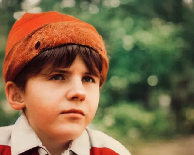 Image similar to a lomographic portrait photo of soviet boy in soviet yard in small town, bokeh