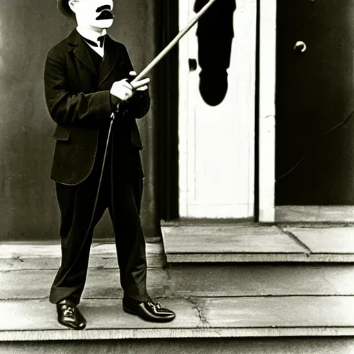 Image similar to Charlie Chaplin dancing, with hat, cane, shoes, moustache, 1920s vibes, black and white silent movie style, yellow infrared