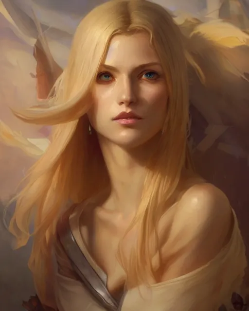 Image similar to '' Portrait of Beautiful blonde Slavic woman in her early 30’s, league of legends, LOL, fantasy, d&d, digital painting, artstation, concept art, sharp focus, illustration, art by greg rutkowski and alphonse mucha ''