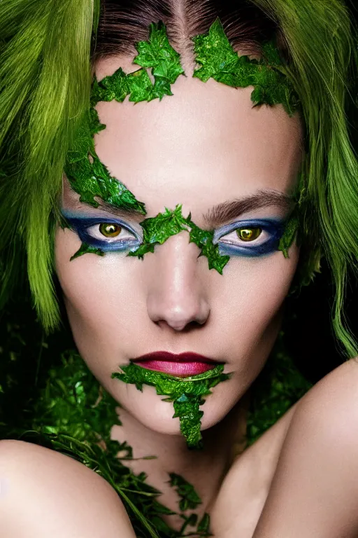 Image similar to A beautiful portrait of Daria Strokous smiling as Poison Ivy from Batman as a Versace fashion model Spring/Summer 2010, highly detailed, in the style of cinematic, Getty images, Milan fashion week backstage, Extreme close up, Makeup by Pat McGrath, Hair by Guido Palau, Greg rutkowski