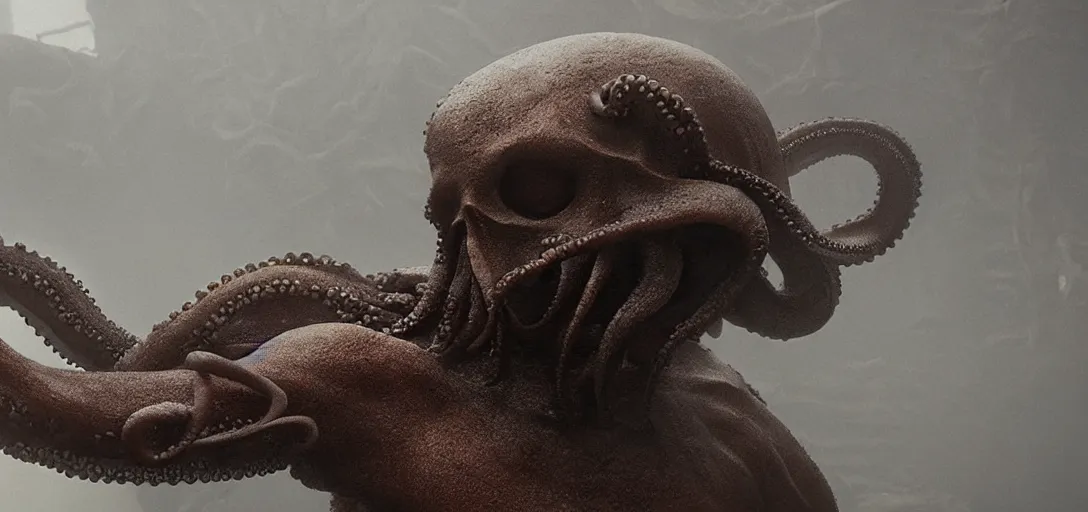 Prompt: an | octopus | in the shape of a | skull |, foggy, cinematic shot, photo still from movie by denis villeneuve, wayne barlowe