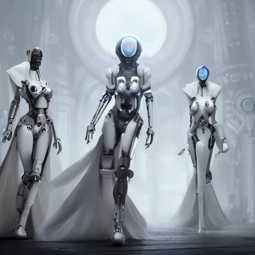 Image similar to female white robots with heart organ, dressed in iwhite ntricate gothic futuristic veils and jewels, epic environment, matte painting, diffused lighting, highly detailed, cinematic, epic atmosphere, digital art, trending on artstation, wide angle