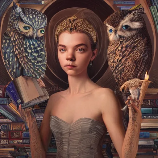 Image similar to a portrait of a older anya taylor - joy as the goddess minerva surrounded by stacks of books, owls, bioluminescent gown with deep level of detail of esoteric symbols, urban motifs, intricate, elegant, highly detailed, digital painting, trending on artstation, smooth sharp focus, illustration, art by artgerm and greg rutkowski