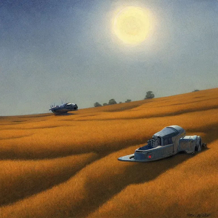 Image similar to a storybook illustration of a spaceship in cornfield, quiet foggy scene painted by Edward Hopper and Robert McGinnis masterpiece, intricate, elegant, fantasy, highly detailed, digital painting, concept art, sharp focus, artstation