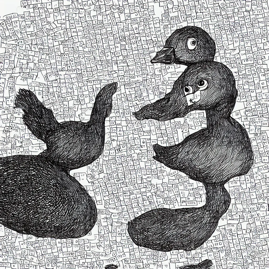 Image similar to A duck doing a crossword puzzle in the style of a New Yorker cartoon.