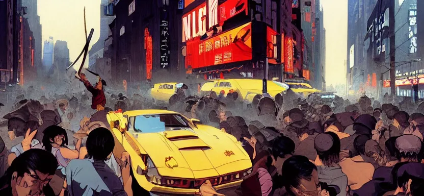 Prompt: riots in the streets of new york, digital painting masterpiece, by ilya kuvshinov, by frank frazetta, by mœbius, by reiq, by hayao miyazaki, intricate detail, beautiful brush strokes, advanced lighting technology, 4 k wallpaper, interesting character design, stylized yet realistic anatomy and faces, inspired by kill bill animated scene