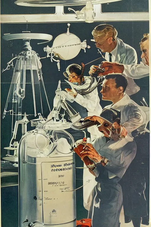 Prompt: 5 0 s pulp science fiction illustration of scientists in white lab coats on spacecraft observing extra terrestrial creature in glass container, art by earle bergey, norman rockwell, frank schoonover, leyendecker, allen anderson, greg staples, basil gogos, syd mead