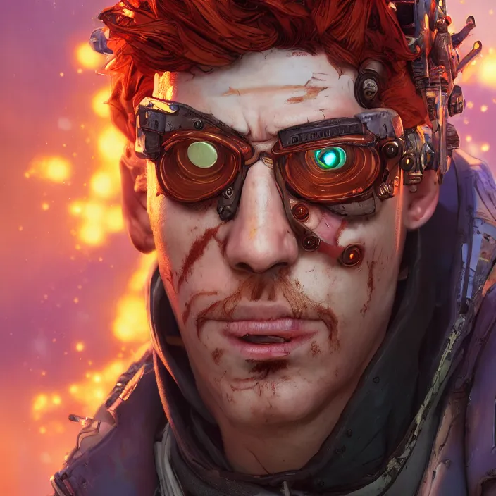 Image similar to cyberpunk portrait of curly orange hair man from borderlands 3, au naturel, hyper detailed, digital art, trending in artstation, cinematic lighting, studio quality, smooth render, unreal engine 5 rendered, octane rendered, art style by klimt and nixeu and ian sprigger and wlop and krenz cushart.