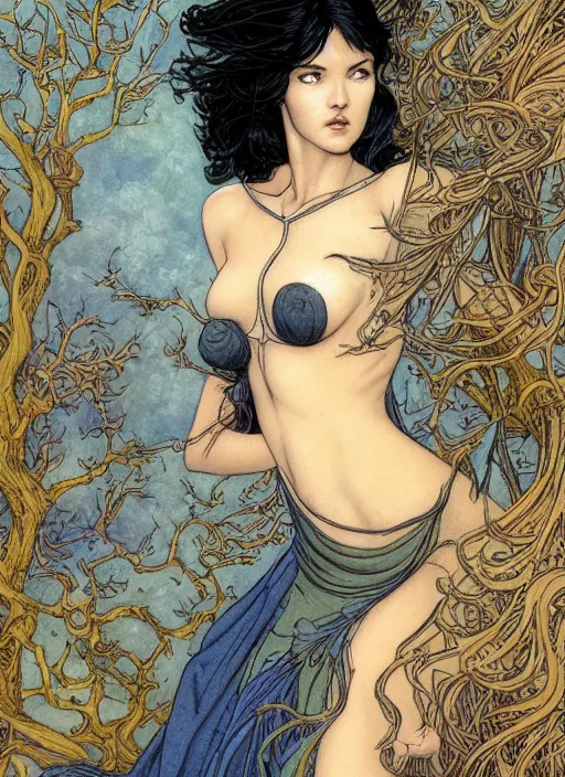 Image similar to dramatic ethereal full length illustration of Phoebe Cates in the art style of Eric Fortune and Rebecca Guay, full slim body, full dressed, not realistic, sharp focus, 8k high definition, insanely detailed, intricate, elegant