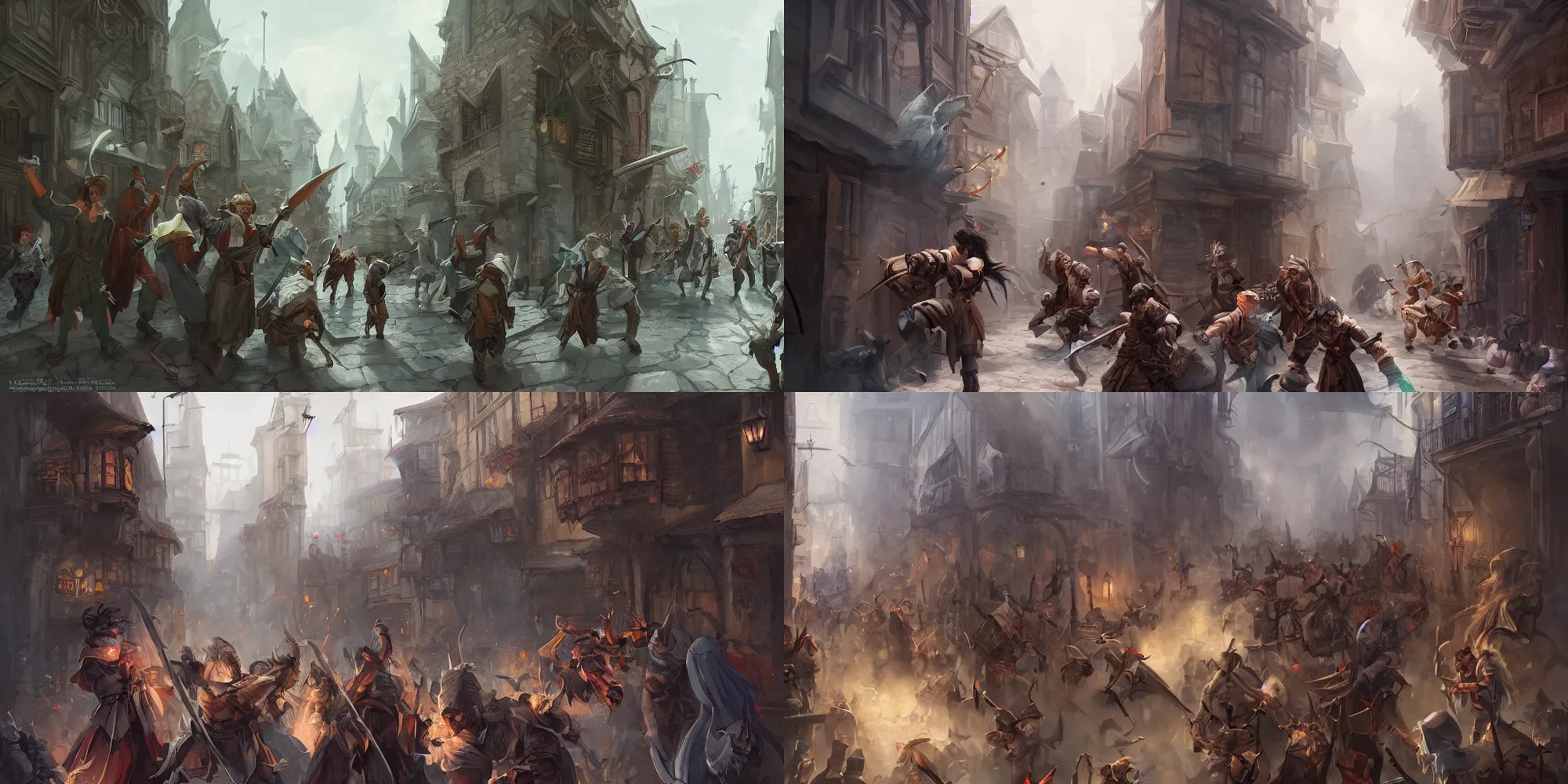 Prompt: an exciting fantasy street battle within a fascinating old city, narrow streets, old buildings, by Nicodemus Yang-Mattisson, cinematic, simple but effective composition, clean lines, beautiful digital painting, oil painting, great character design, dungeons and dragons, lord of the rings, close up character, fantasy races