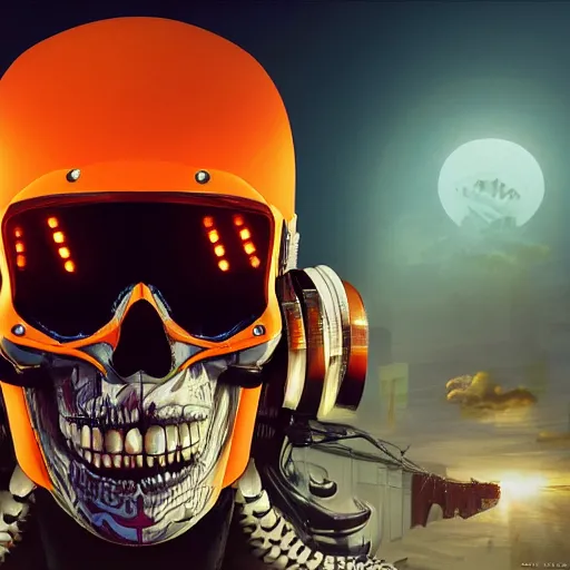 Prompt: a portrait of an cyborg vintage skull, vampire teeth, in an orange racing helmet by sandra chevrier, detailed render, epic composition, cybernetics, 4 k realistic, cryengine, realistic shaded lighting, sharp focus, masterpiece, by matteo scalera, gary montalbano, peter elson in the style of the tokyo ghost comic