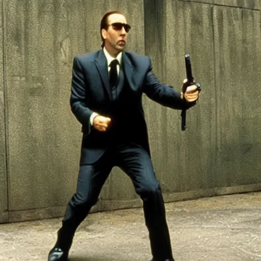 Prompt: nicolas cage as agent smith in the matrix