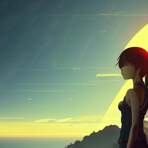 Image similar to A cyborg girl standing on the hill looking at the sea with a sunset in style of Makoto Shinkai and Cyberpunk. ArtStation, 8K, Highly Detailed, Intricate, Album Art.