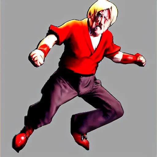 Prompt: action shot of ken barlow from coronation Street dressed as ken from Street fighter, ultra realistic, detailed, cinematic, concept art, digital art,