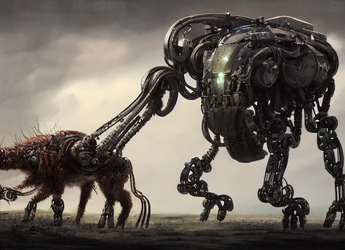 Image similar to detailed full body concept art illustration oil painting of a robotic animal in full intricate detail, ultra detailed, digital art, octane render, dystopian, zero dawn, 4k