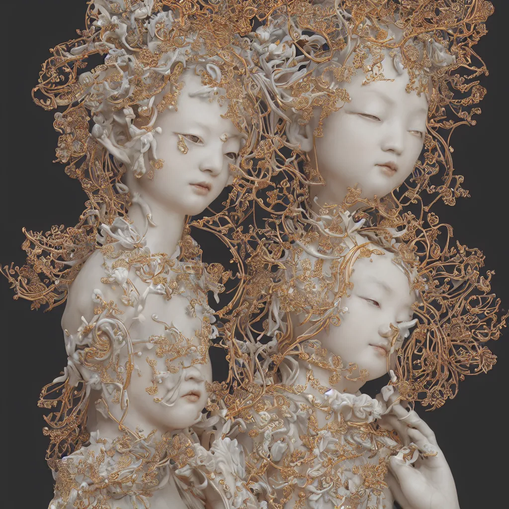 Image similar to A photo-real delicate ceramic porcelain sculpture of an ornate detailed angel in front of a intricate background by Victo Ngai and takato yamamoto, micro detail, backlit lighting, subsurface scattering, translucent, thin porcelain, octane renderer, colorful, physically based rendering, japanese pottery, trending on cgsociety