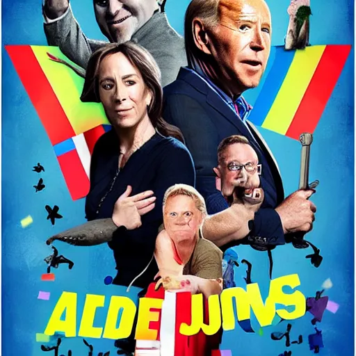 Prompt: movie poster with Alex Jones and Joe Biden hiding from a giant frog carrying a pride flag