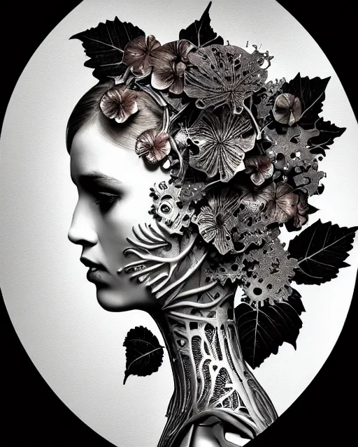 Image similar to monochrome profile portrait painting, dutch masters, silver lace floral steampunk biomechanical beautiful young female cyborg with one techno eye, monocular, volumetric light, leaves foliage and stems, hibiscus flowers, alexander mcqueen, rim light, big gothic fashion pearl embroidered collar, 8 k