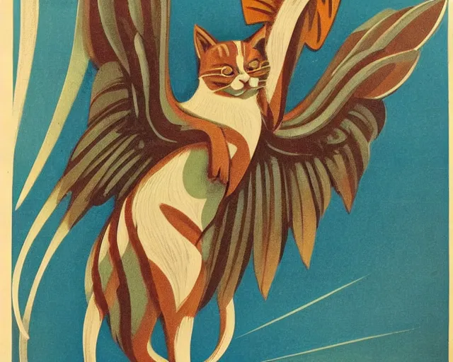 Image similar to vintage art deco animal poster depicting a cat with wings and talons