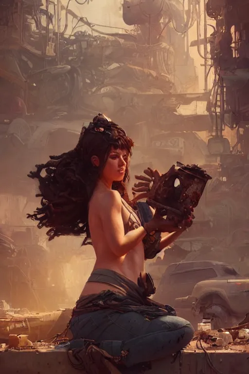 Image similar to goddess of the junkyard, highly detailed, digital painting, artstation, concept art, smooth, sharp focus, illustration, unreal engine 5, 8 k, art by artgerm and greg rutkowski and edgar maxence