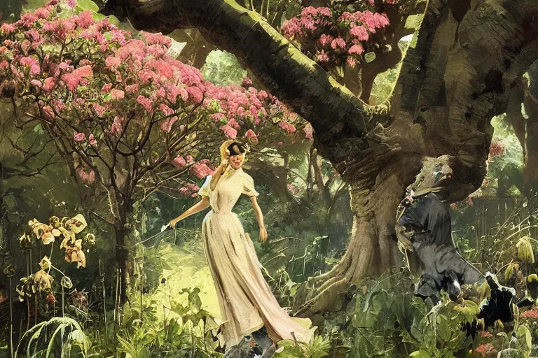 Image similar to 5 0 s pulp scifi illustration, elegant woman in beautiful english country garden, flowers, baobab trees, country mansion, spacehip lands, by norman rockwell, jack kirby, john berkey, bergey, craig mullins, ruan jia, raymond swanland, jeremy mann, beksinski, tom lovell, alex malveda, schomburg