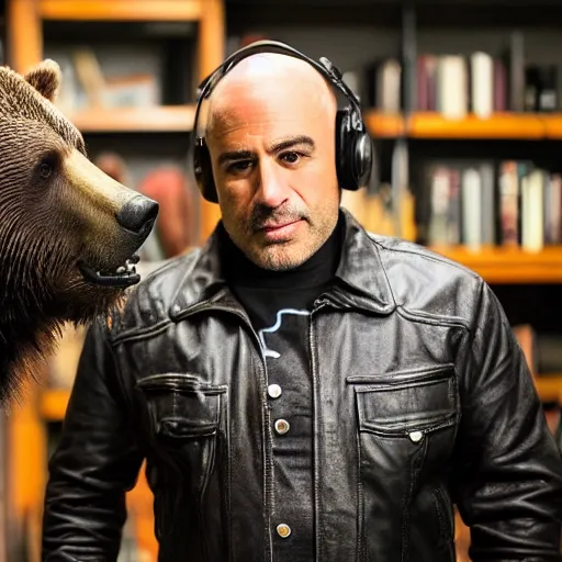 Image similar to a grizzly bear wearing a leather jacket as a guest on the joe rogan podcast