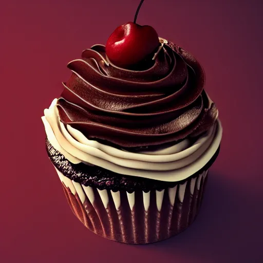 Image similar to a still from a horror move featuring a chocolate cupcake with cream and a cherry on the top, digital art, trending on artstation and unreal engine, smooth, 4 k, poster, high quality, hyperdetailed
