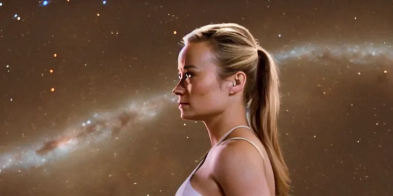 Image similar to film still of curvy brie larson, focus on facial - detail!!!!!!, walking on an invisible bridge, similar to the bifrost, toward an endless abyss in space, wearing a white flowy bikini inspired by ancient roman clothing, beautiful astronomical background with galaxies and nebulas, lack of sunlight, 8 k resolution, cinematic lighting, anatomically correct, by christopher nolan