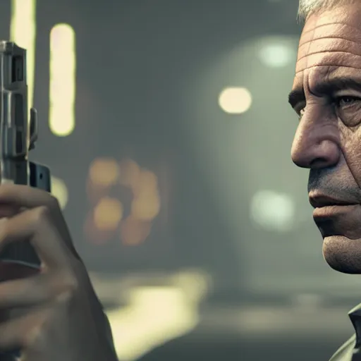 Image similar to jeffrey epstein in wolfenstein, splash art, movie still, cinematic lighting, glowing, neon light, ray tracing, octane render, long lens, shallow depth of field, bokeh, anamorphic lens flare, 8 k, hyper detailed, 3 5 mm film grain