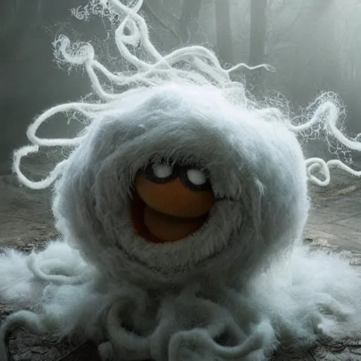 Image similar to ethereal ghostly fluffy live action muppet with a wraith like figure with a very pronounced parasitic kraken head taking over its own with two long tentacles for arms that flow gracefully at its sides like a cloak, it stalks around frozen forests searching for lost souls to consume, this character uses hydrokinesis and electrokinesis, it is a real muppet by sesame street, photo realistic, real, realistic, felt, stopmotion, photography, sesame street, monsters inc pixar