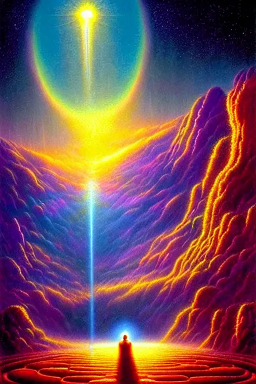 Prompt: a photorealistic detailed cinematic image of a beautiful vibrant iridescent future for human evolution, spiritual science, divinity, utopian, afterlife, glowing, depth perspective, view, by david a. hardy, kinkade, lisa frank, wpa, public works mural, socialist