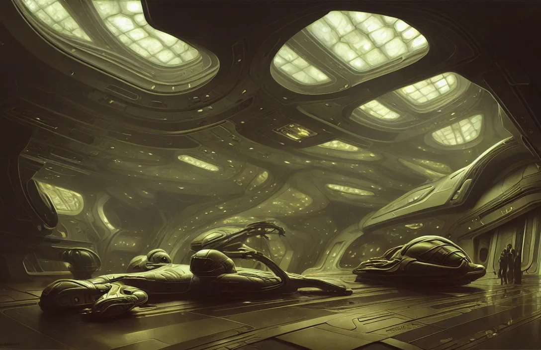 Prompt: interior of a alien spaceship, heroic lighting, sci-fi, intricate, elegant, highly detailed, lifelike, photorealistic, digital painting, artstation, illustration, concept art, smooth, sharp focus, art by John Collier and Albert Aublet and Krenz Cushart and Artem Demura and Alphonse Mucha