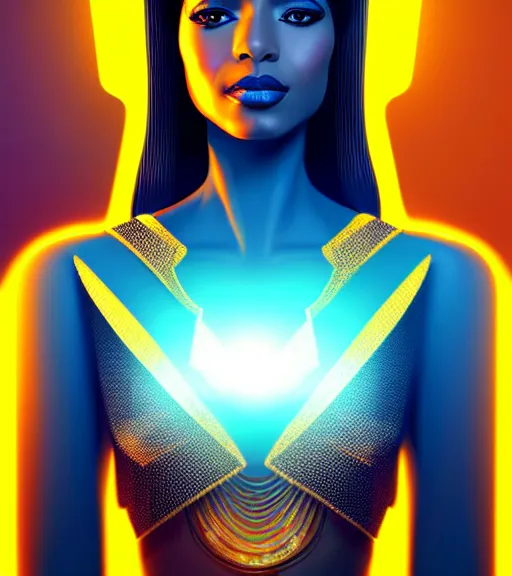 Image similar to symmetry!! egyptian princess of technology, solid cube of light, hard edges, product render retro - futuristic poster scifi, lasers and neon circuits, brown skin gorgeous egyptian princess, intricate, elegant, highly detailed, digital painting, artstation, concept art, smooth, sharp focus, illustration, dreamlike, art by artgerm