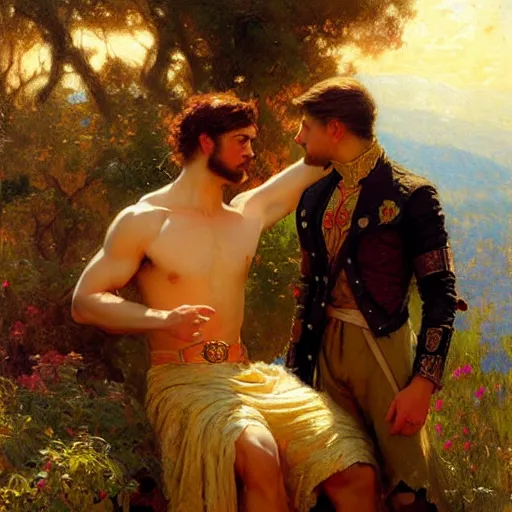 Image similar to attractive fully clothed king confesses his love for his attractive fully clothed male prince. highly detailed painting by gaston bussiere, craig mullins, j. c. leyendecker