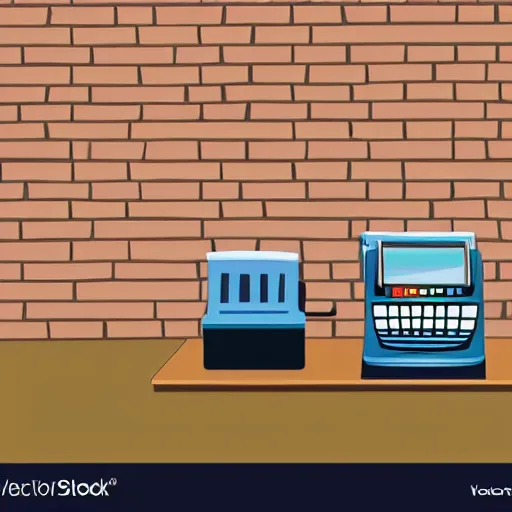 Prompt: cash register in front of a wall of building supplies vector art