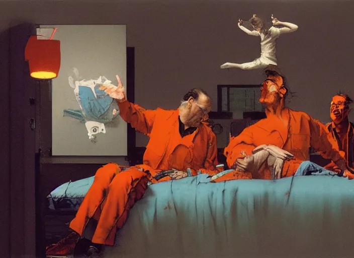 Image similar to a still from the movie one flew over the cuckoo's nest by francis bacon and norman rockwell and james jean, and mark brooks, triadic color scheme, by greg rutkowski, syd mead and edward hopper and norman rockwell and beksinski, dark surrealism, orange and turquoise