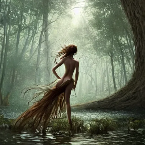 Prompt: forest nymph rising from the water. view from behind, wide angle view, back view. nuri iyem, james gurney, james jean, greg rutkowski, anato finnstark, davinci, emma watson, gigachad. trending on artstation, starlight, and enchanted dreams. instagram photo shoot, trending on pinterest, corrected hand, perfect hands