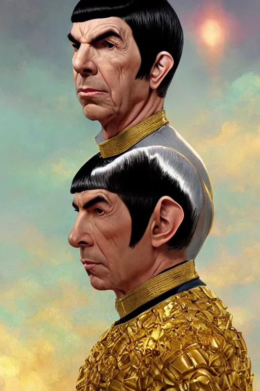 Image similar to photorealistic portrait photograph of spock as a glorious regal space king, sleek outfit, upper body, fantasy, handsome, depth of field, soft focus, highly detailed, intricate, realistic, national geographic cover, soft glow, textured, artstation, concept art, sharp focus, illustration, art by artgerm and greg rutkowski and alphonse mucha