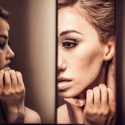 Prompt: masterpiece portrait of a beautiful woman looking at her reflection in front of a cracked mirror, beautiful face, fashion photography, elegant furniture, cracked reflection, mirror, cracks