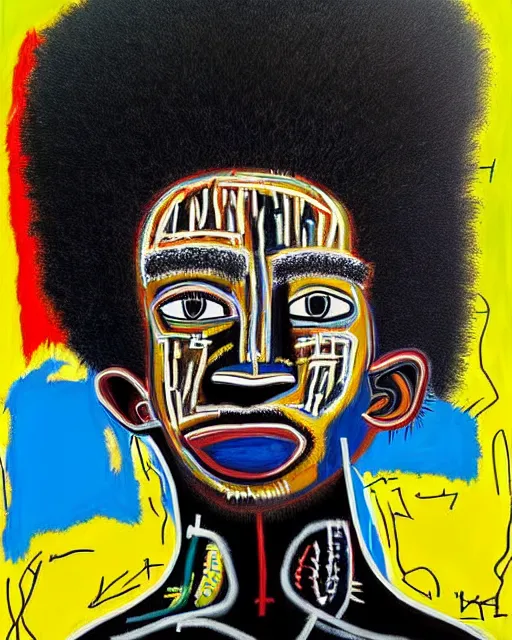 Image similar to A extremely ultra highly detailed majestic hi-res beautiful immaculate head and shoulders award winning painting stunning masterpiece of the face of a strong black african warrior man with an afro by Jean-Michel Basquiat, 8k, high textures, ultra hyper sharp, insanely detailed and intricate, super detailed, 8k HDR ultra high quality