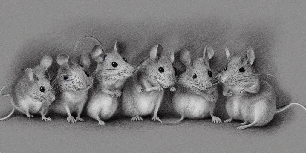 Image similar to a beautiful pencil drawing of five cartoon mice; masterpiece; extremely highly detailed; ultra realistic; trending on artstation